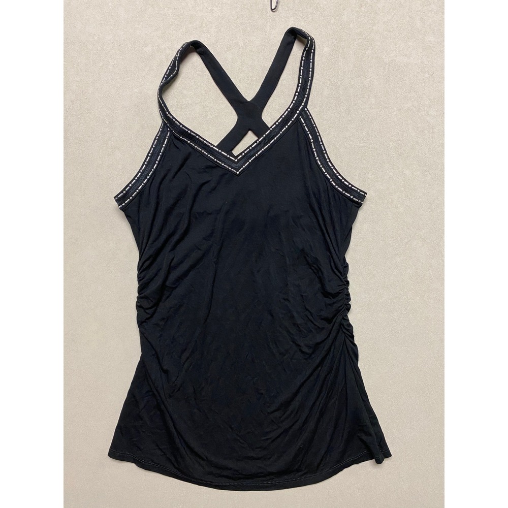 White House Black Market Black Ruched V-Neck Tank Top Crisscross Back Sz L